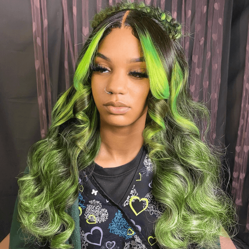 SZC Black With Green Highlight Streaks 13x4 Lace Front Virgin Human Hair Wigs