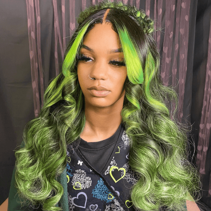 SZC Black With Green Highlight Streaks 13x4 Lace Front Virgin Human Hair Wigs