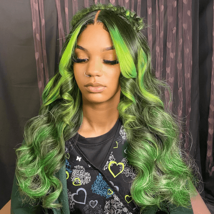 SZC Black With Green Highlight Streaks 13x4 Lace Front Virgin Human Hair Wigs