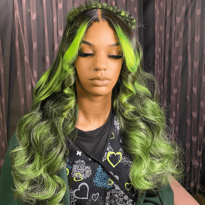 SZC Black With Green Highlight Streaks 13x4 Lace Front Virgin Human Hair Wigs