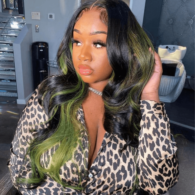 SZC Black With Green Highlight Streaks 13x4 Transparent Lace Front Human Hair Wigs