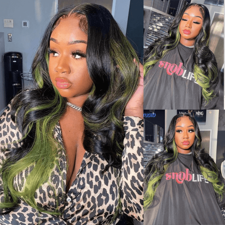 SZC Black With Green Highlight Streaks 13x4 Transparent Lace Front Human Hair Wigs