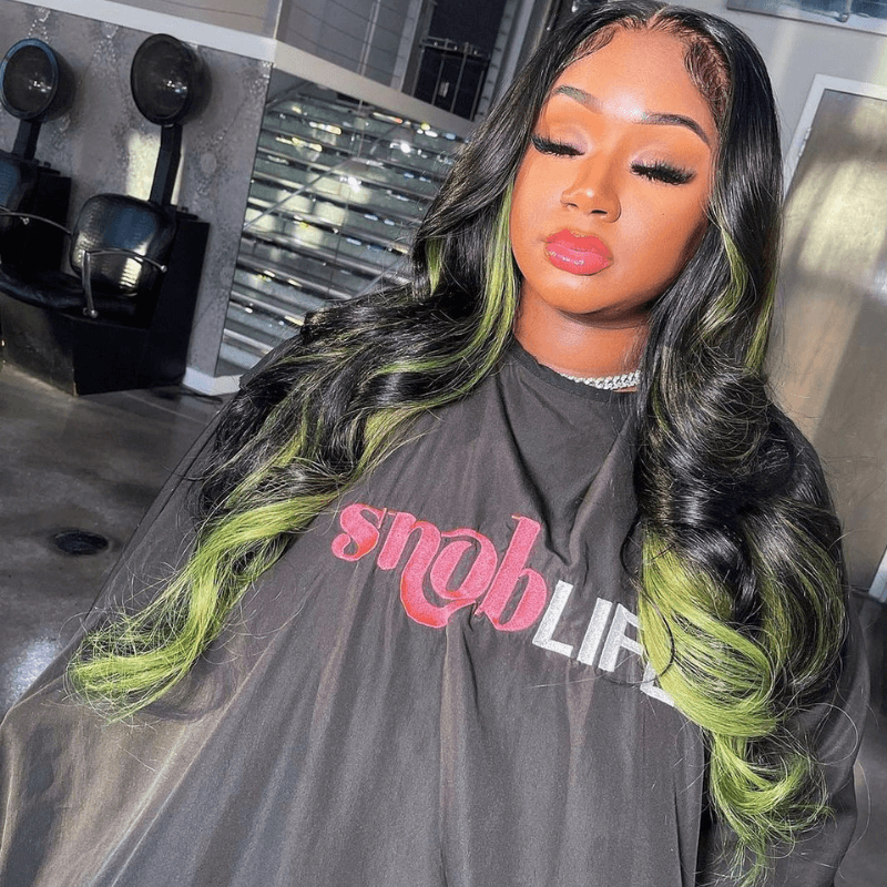 SZC Black With Green Highlight Streaks 13x4 Transparent Lace Front Human Hair Wigs