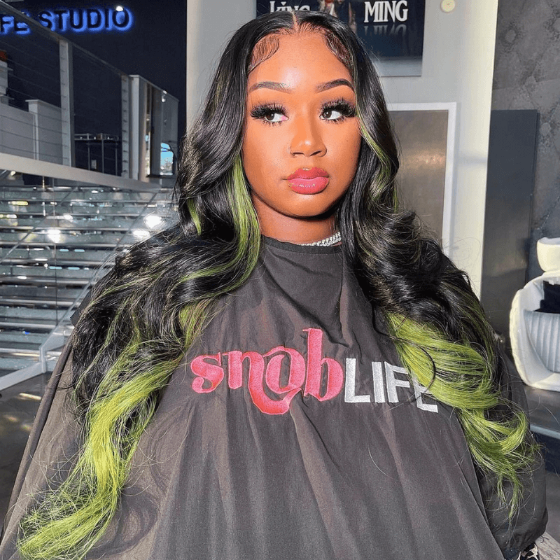 SZC Black With Green Highlight Streaks 13x4 Transparent Lace Front Human Hair Wigs