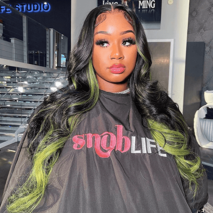 SZC Black With Green Highlight Streaks 13x4 Transparent Lace Front Human Hair Wigs