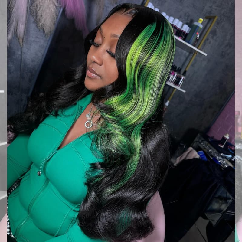 SZC Black With Green Highlights 13x4 Lace Front Virgin Human Hair Wigs