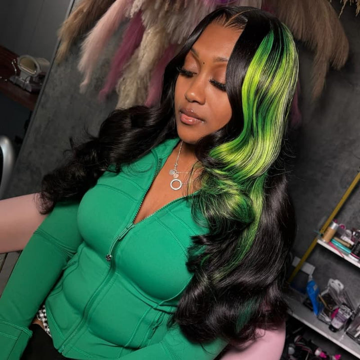 SZC Black With Green Highlights 13x4 Lace Front Virgin Human Hair Wigs