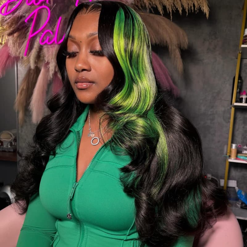SZC Black With Green Highlights 13x4 Lace Front Virgin Human Hair Wigs