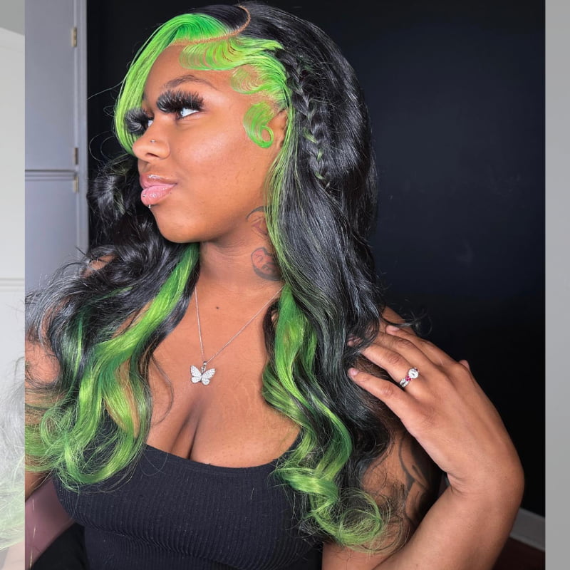 SZC Black With Green Skunk Stripe 13x4 HD Lace Front Human Hair Wig