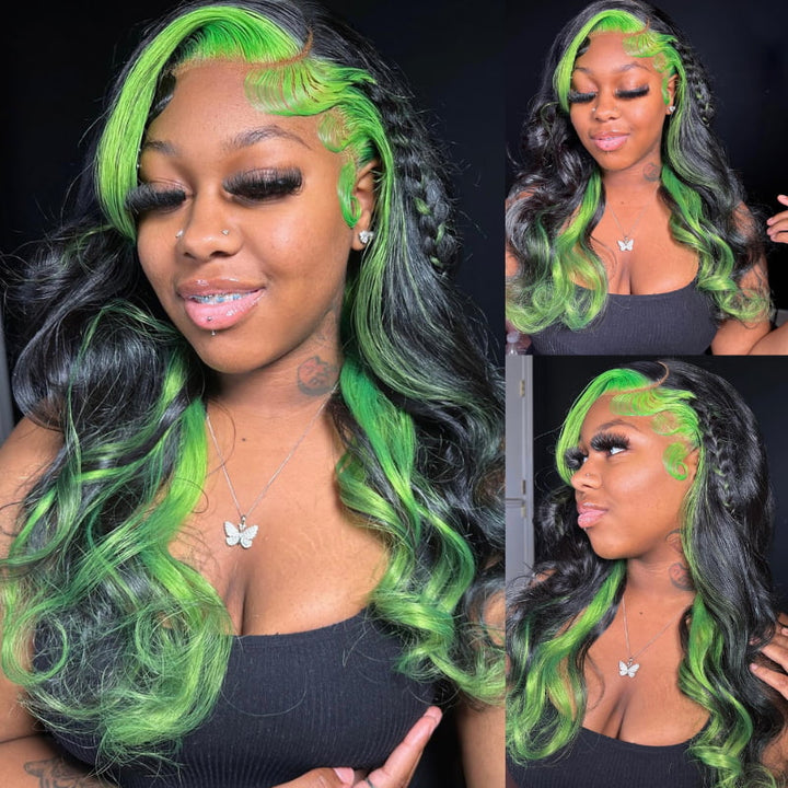 SZC Black With Green Skunk Stripe 13x4 HD Lace Front Human Hair Wig