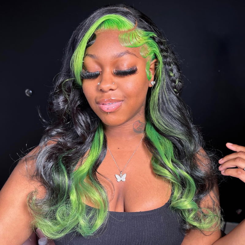 SZC Black With Green Skunk Stripe 13x4 HD Lace Front Human Hair Wig