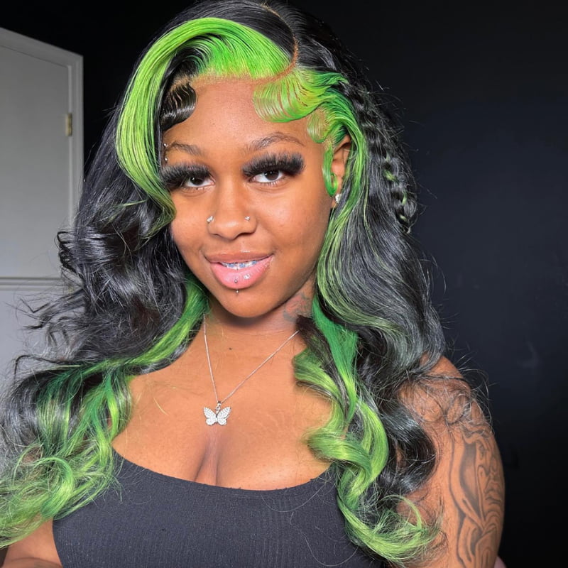 SZC Black With Green Skunk Stripe 13x4 HD Lace Front Human Hair Wig