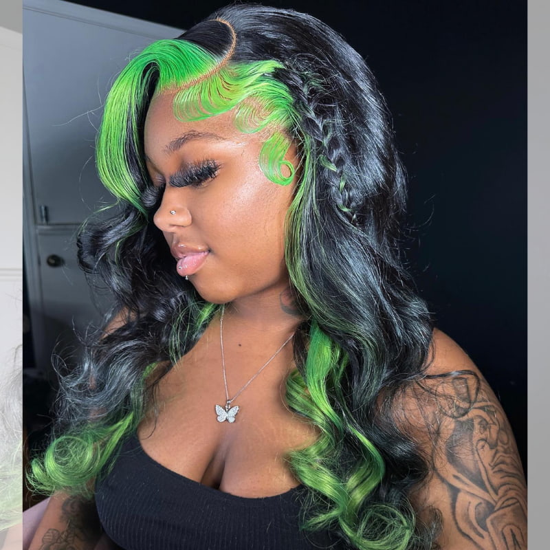 SZC Black With Green Skunk Stripe 13x4 HD Lace Front Human Hair Wig