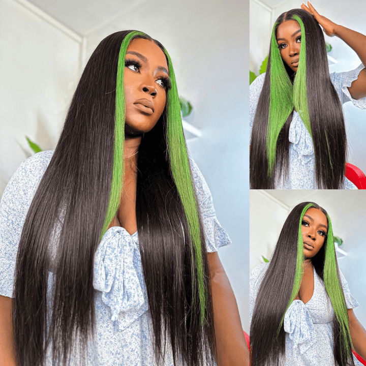 SZC Black With Green Skunk Stripe Straight Virgin Remy Human Hair Wigs
