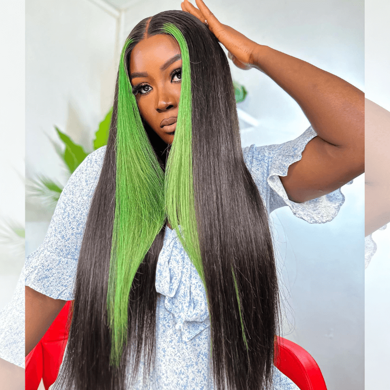 SZC Black With Green Skunk Stripe Straight Virgin Remy Human Hair Wigs