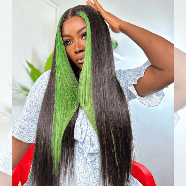 SZC Black With Green Skunk Stripe Straight Virgin Remy Human Hair Wigs