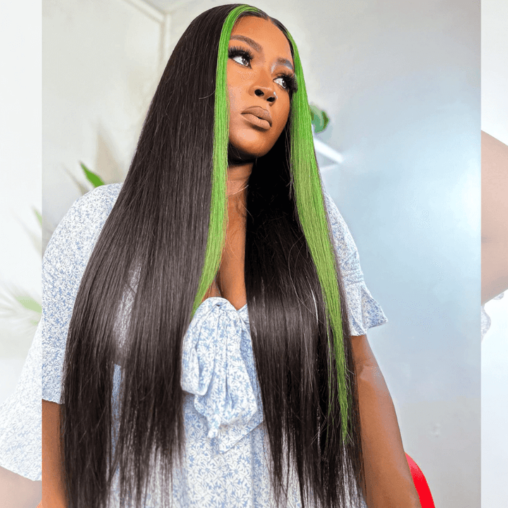 SZC Black With Green Skunk Stripe Straight Virgin Remy Human Hair Wigs
