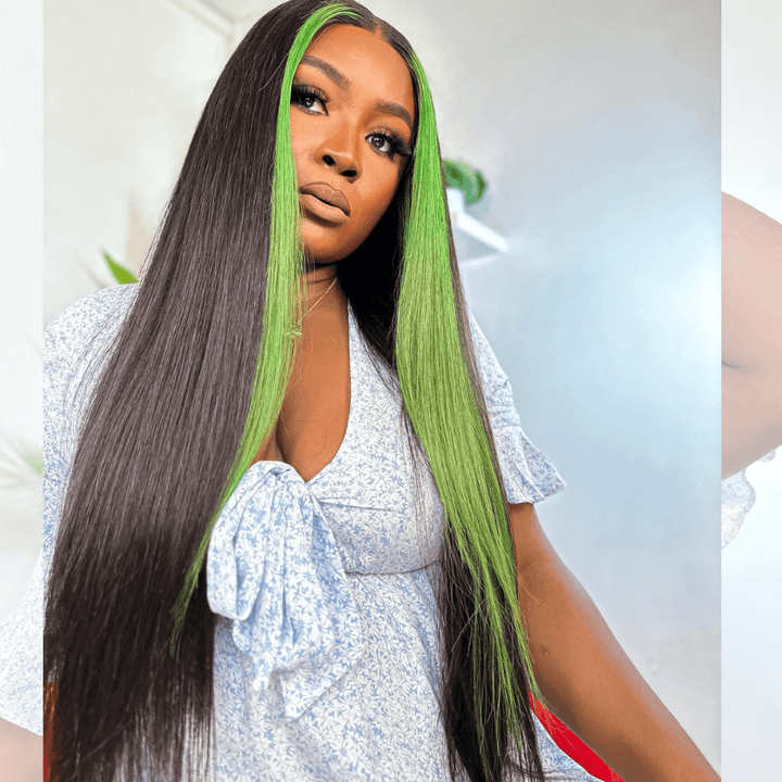 SZC Black With Green Skunk Stripe Straight Virgin Remy Human Hair Wigs