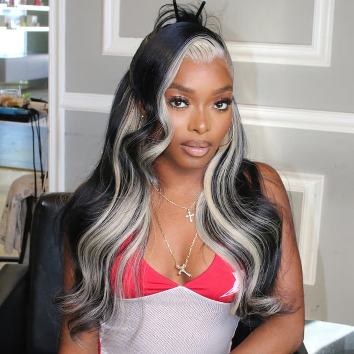 SZC Black With Grey Blonde Skunk Stripe Highlights 13x4 Lace Front Virgin Human Hair Wigs