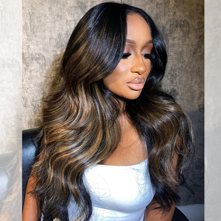 SZC Black With Honey Blonde Brown Highlight Streaks 13x4 Lace Front Virgin Human Hair Wigs