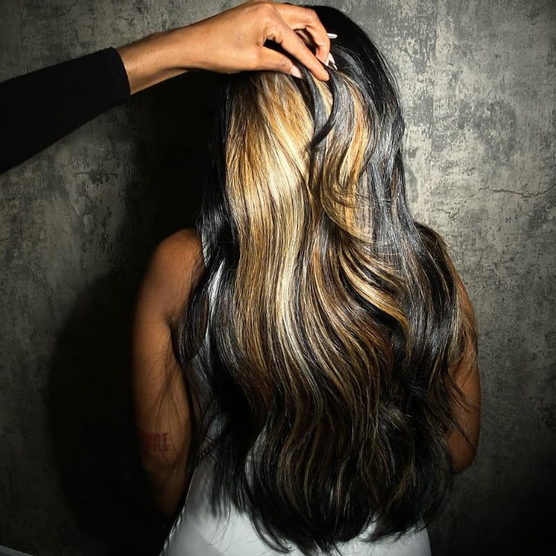 SZC Black With Honey Blonde Brown Highlight Streaks 13x4 Lace Front Virgin Human Hair Wigs