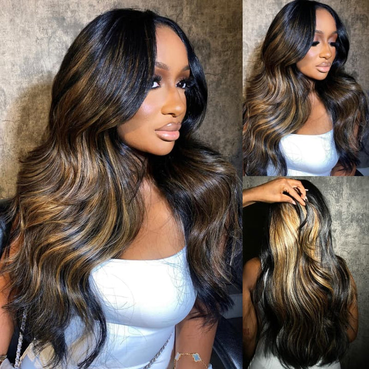 SZC Black With Honey Blonde Brown Highlight Streaks 13x4 Lace Front Virgin Human Hair Wigs
