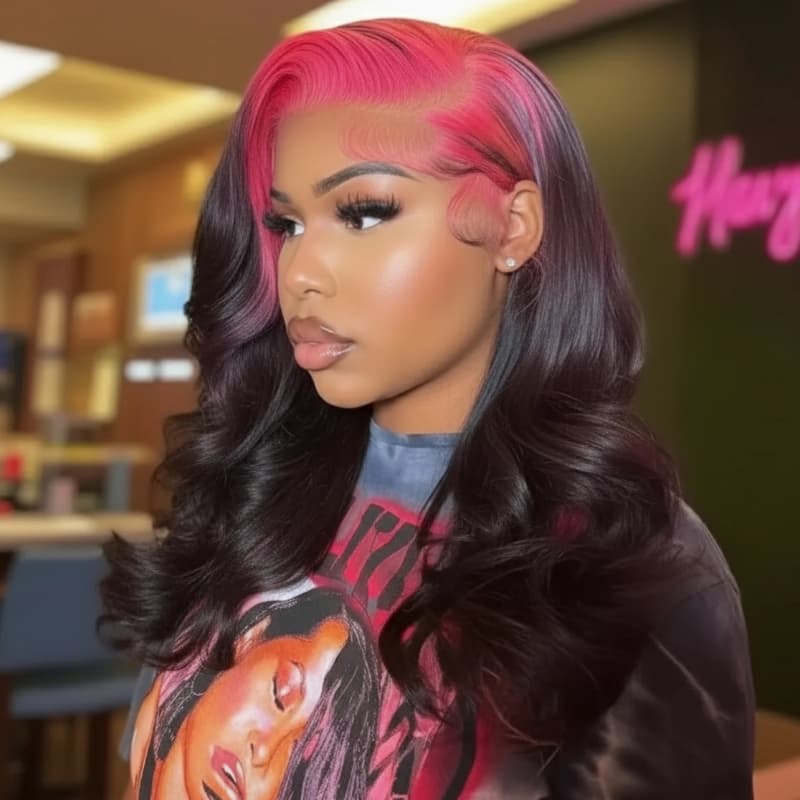 SZC Black With Hot Pink Roots 13x4 Lace Front Virgin Human Hair Wigs 200 Density