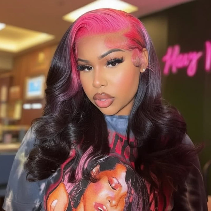 SZC Black With Hot Pink Roots 13x4 Lace Front Virgin Human Hair Wigs 200 Density