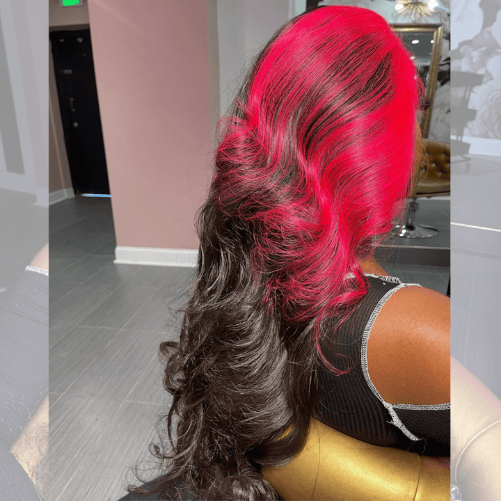 SZC Black With Hot Pink Skunk Stripe Streaks 13x4 Lace Front Human Hair Wigs