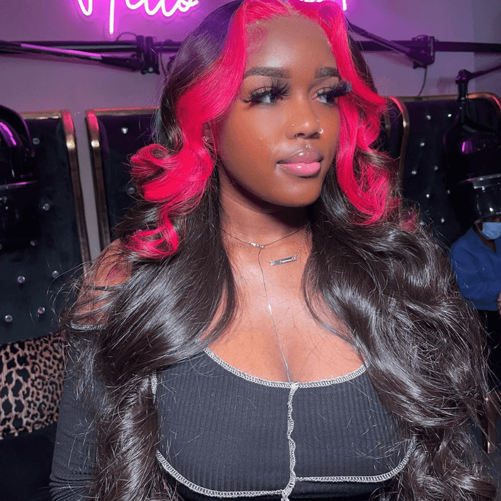 SZC Black With Hot Pink Skunk Stripe Streaks 13x4 Lace Front Human Hair Wigs