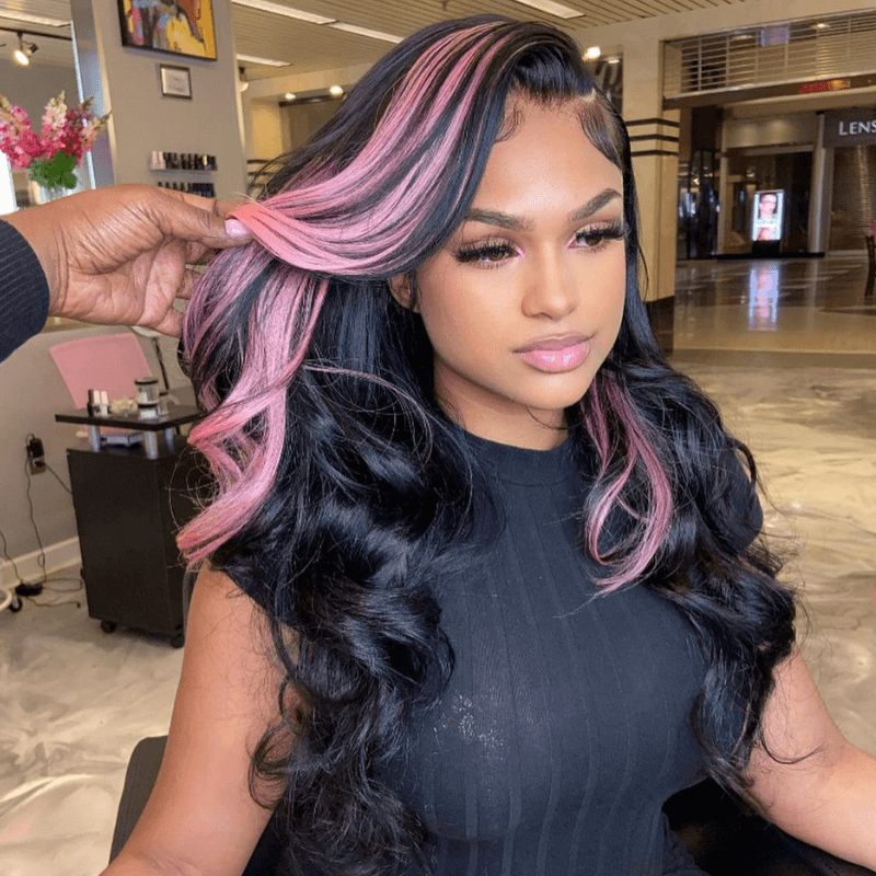 SZC Black With Lavender Pink Highlight Streaks 13x4 HD Lace Front Human Hair Wigs
