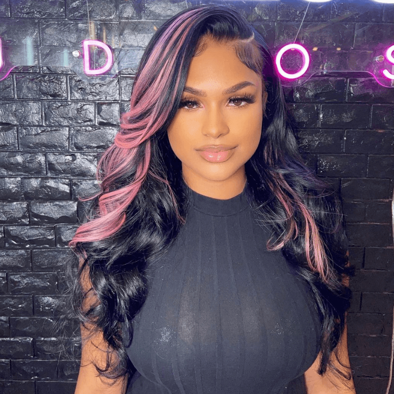 SZC Black With Lavender Pink Highlight Streaks 13x4 HD Lace Front Human Hair Wigs