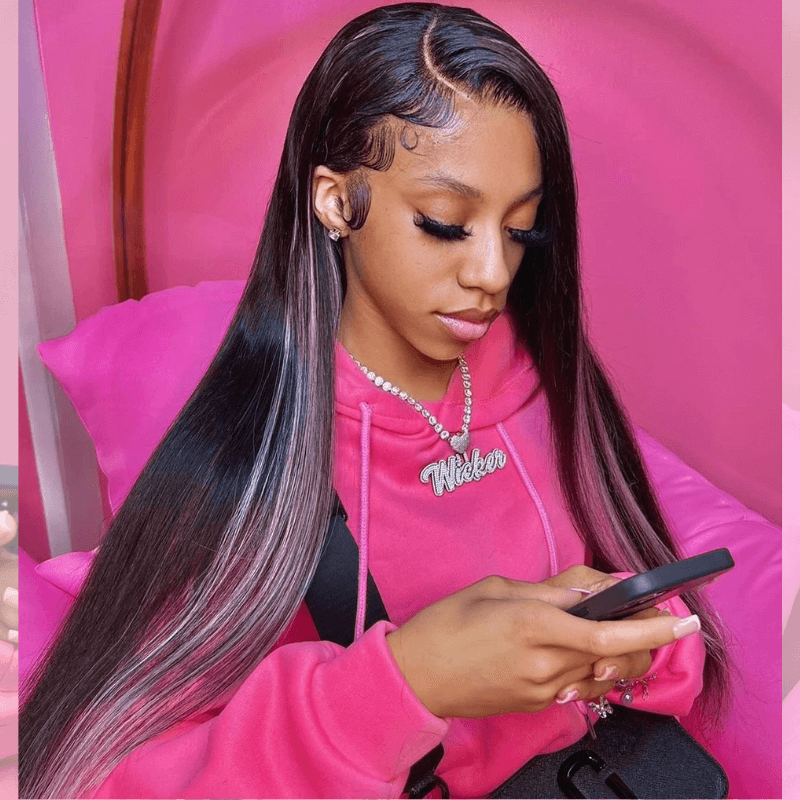 SZC Black With Pink Highlight Streaks Bone Straight 13x4 Lace Front Human Hair Wigs