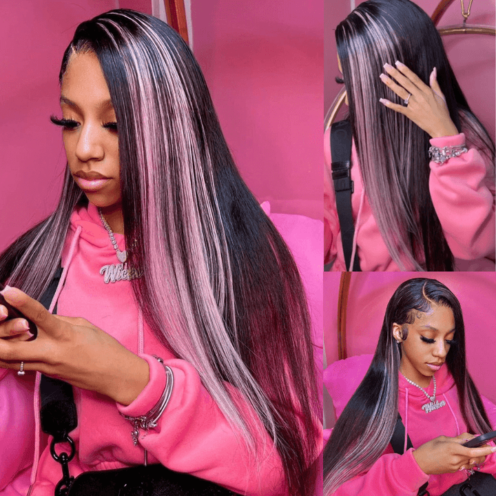 SZC Black With Pink Highlight Streaks Bone Straight 13x4 Lace Front Human Hair Wigs