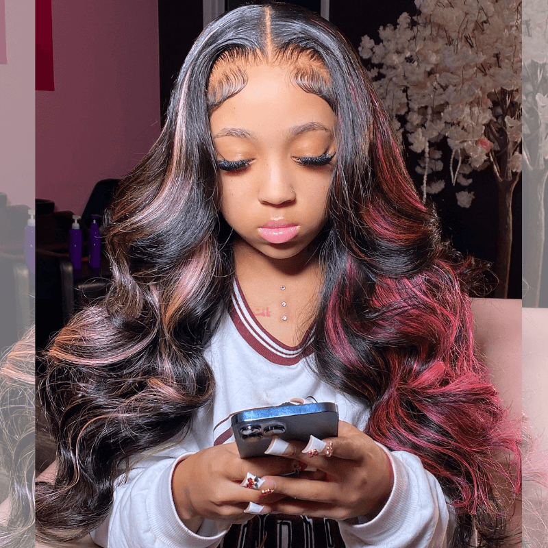 SZC Black With Pink Red Highlight 13x4 HD Lace Front Virgin Human Hair Wigs