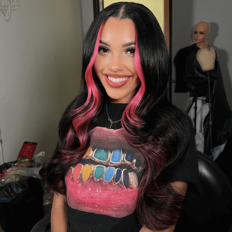 SZC Black With Pink Skunk Stripe 13x4 Lace Front Virgin Human Hair Wigs