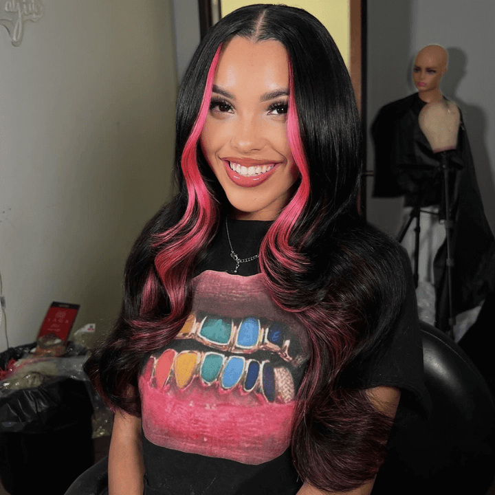 SZC Black With Pink Skunk Stripe 13x4 Lace Front Virgin Human Hair Wigs