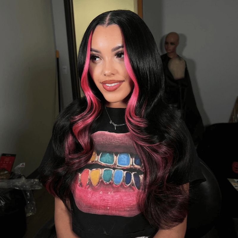 SZC Black With Pink Skunk Stripe 13x4 Lace Front Virgin Human Hair Wigs