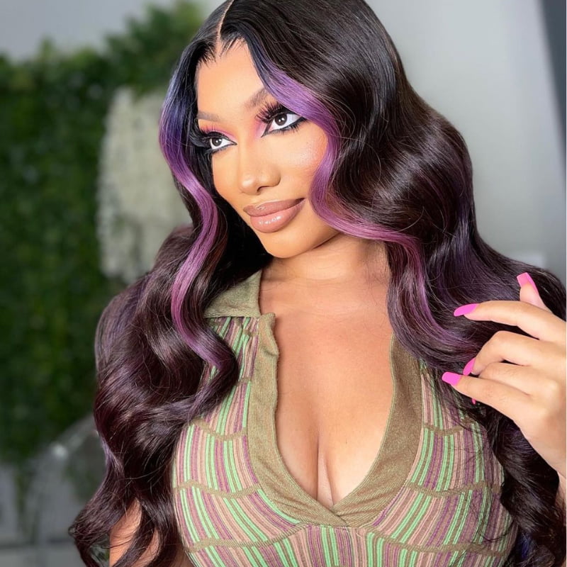 SZC Black With Purple Highlight Body Wave Lace Front Human Hair Wigs