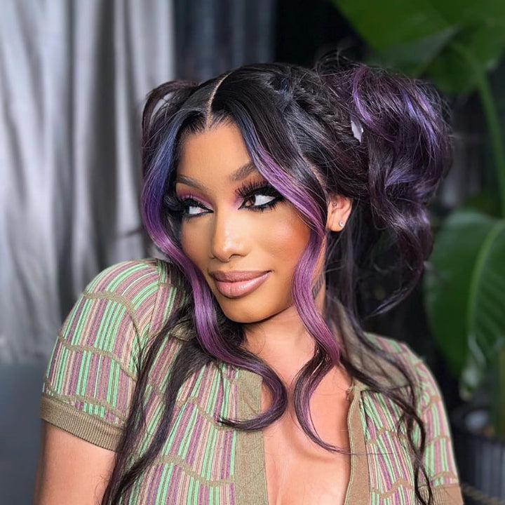 SZC Black With Purple Highlight Body Wave Lace Front Human Hair Wigs