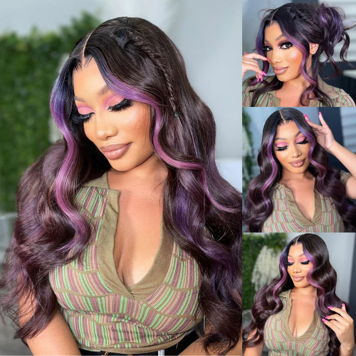 SZC Black With Purple Highlight Body Wave Lace Front Human Hair Wigs
