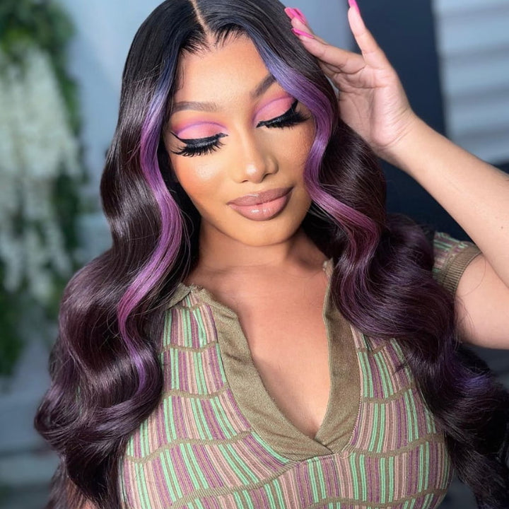 SZC Black With Purple Highlight Body Wave Lace Front Human Hair Wigs