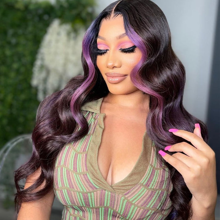SZC Black With Purple Highlight Body Wave Lace Front Human Hair Wigs