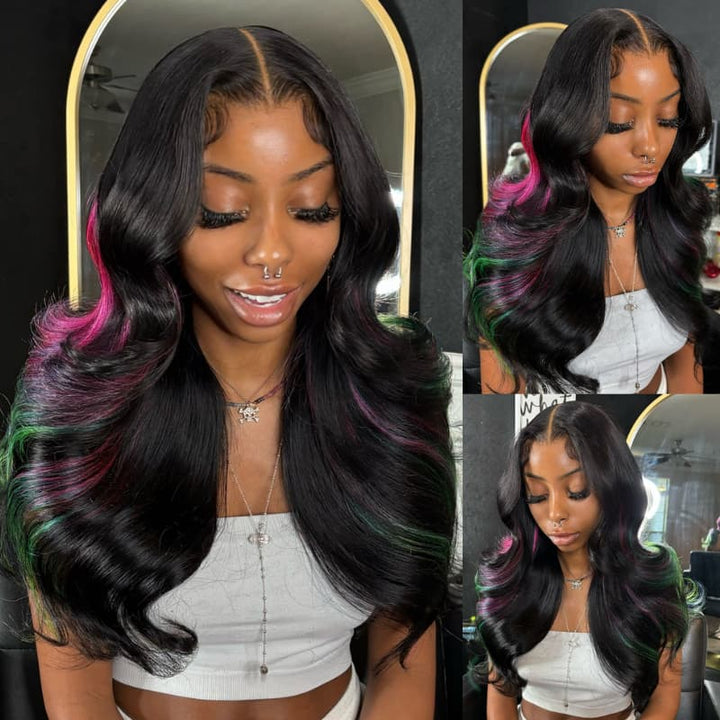 SZC Black With Purple Red Green Highlights 13x4 Lace Front Virgin Human Hair Wigs