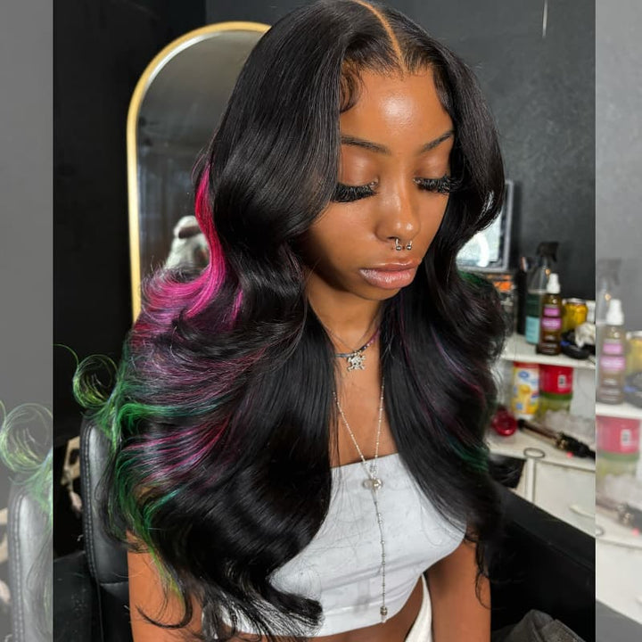 SZC Black With Purple Red Green Highlights 13x4 Lace Front Virgin Human Hair Wigs