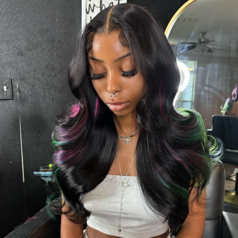 SZC Black With Purple Red Green Highlights 13x4 Lace Front Virgin Human Hair Wigs