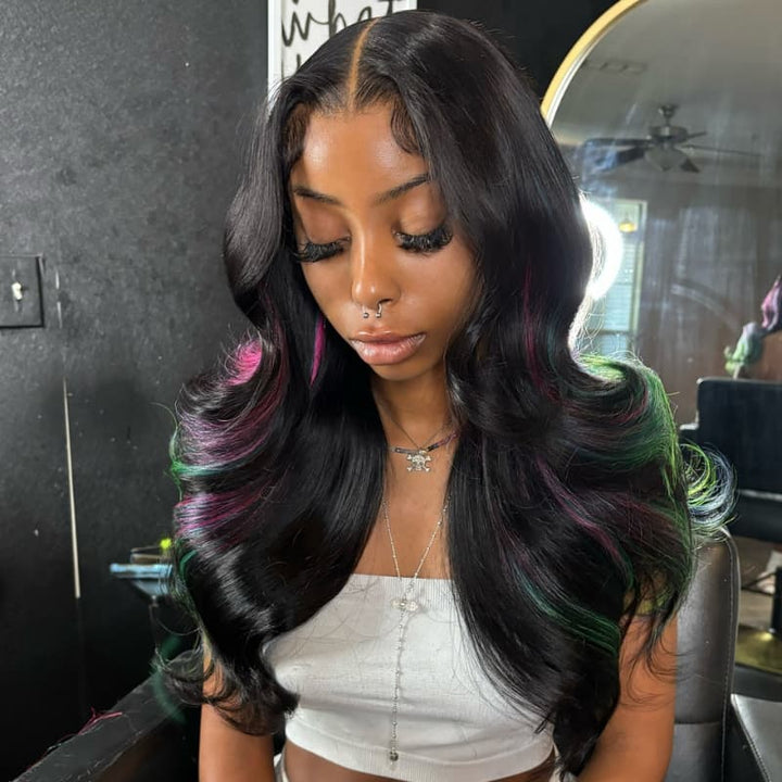 SZC Black With Purple Red Green Highlights 13x4 Lace Front Virgin Human Hair Wigs