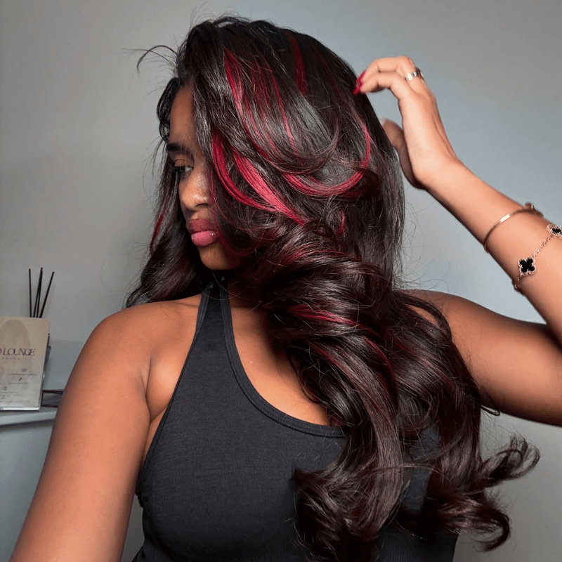SZC Black With Red Highlight 200 Density 13x4 HD Lace Front Human Hair Wigs