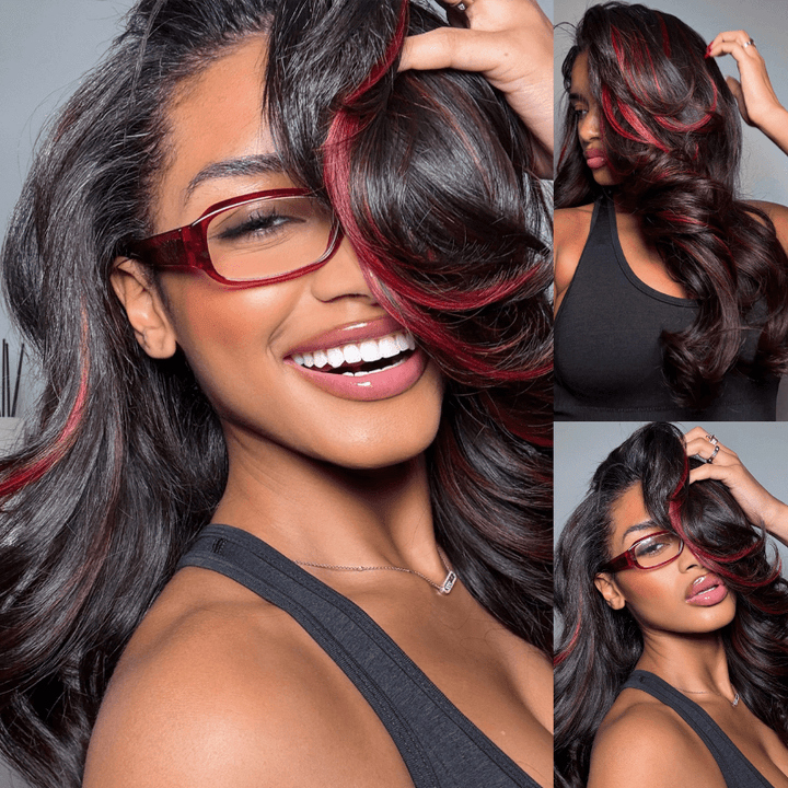 SZC Black With Red Highlight 200 Density 13x4 HD Lace Front Human Hair Wigs