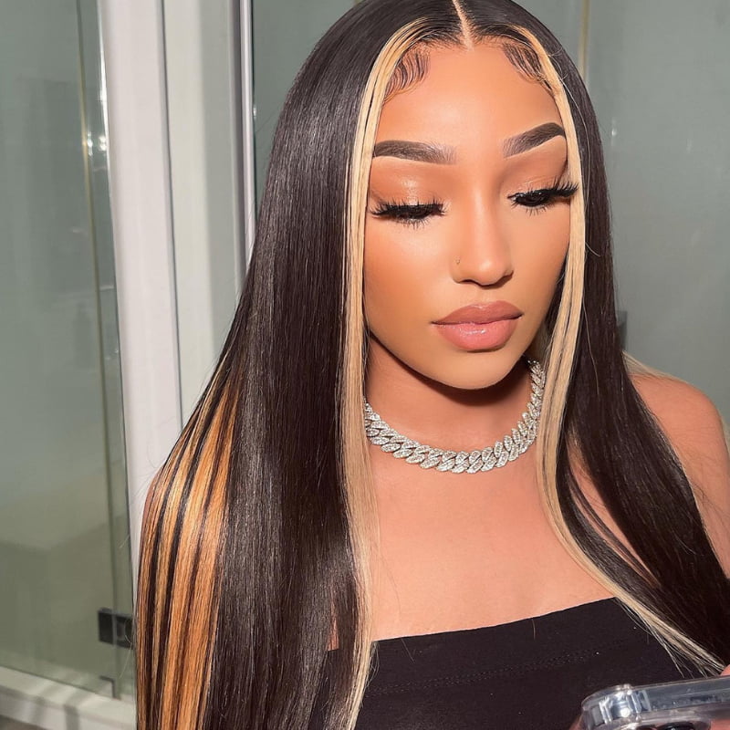 SZC Black with Blonde Skunk Stripe Straight Lace Front Human Hair Wigs